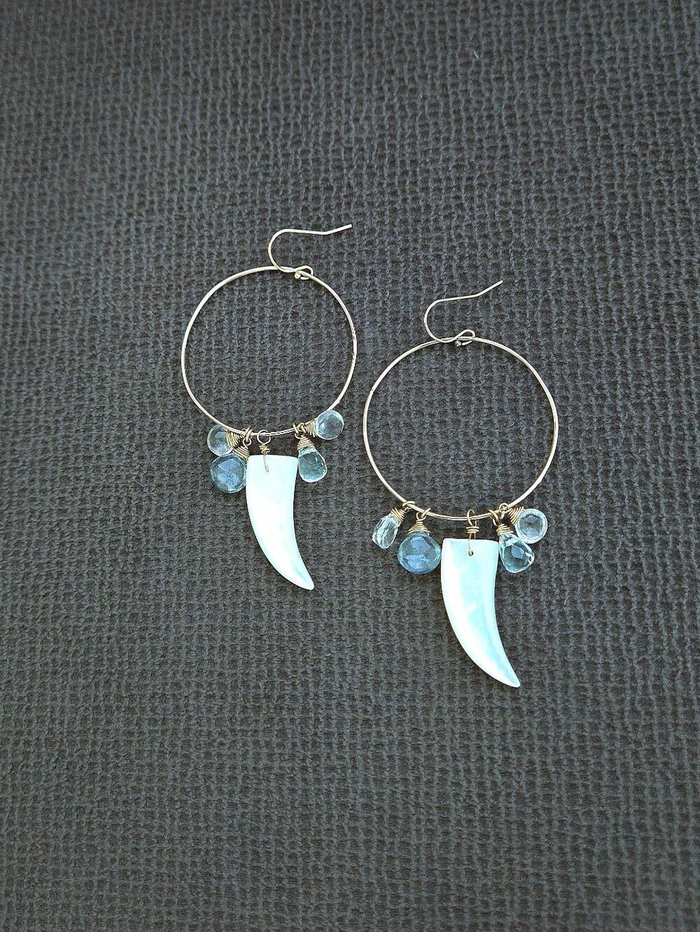 Open Gold💛 Circle⭕️ Earrings with Mother of Pearl Horn📯 and Gemstones💎 - Picture 9 of 15